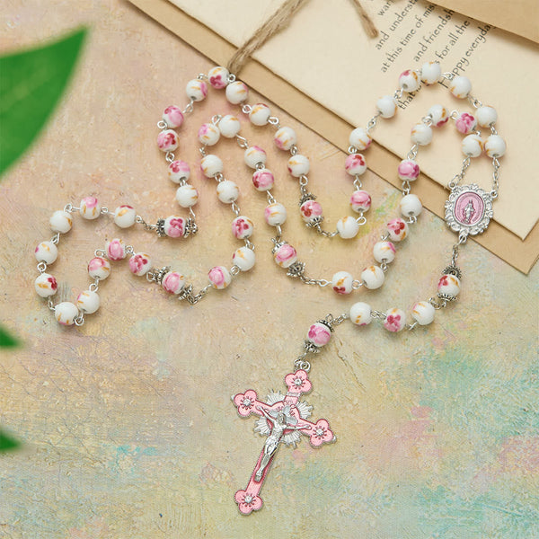 Floral Ceramic Bead Rosary with Enamel Our Lady Medal & Pink Crucifix