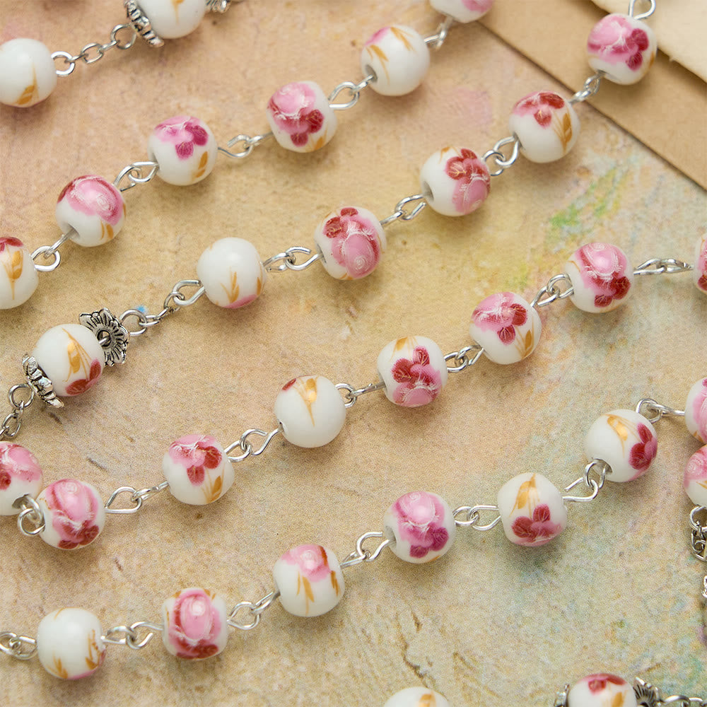 Floral Ceramic Bead Rosary with Enamel Our Lady Medal & Pink Crucifix