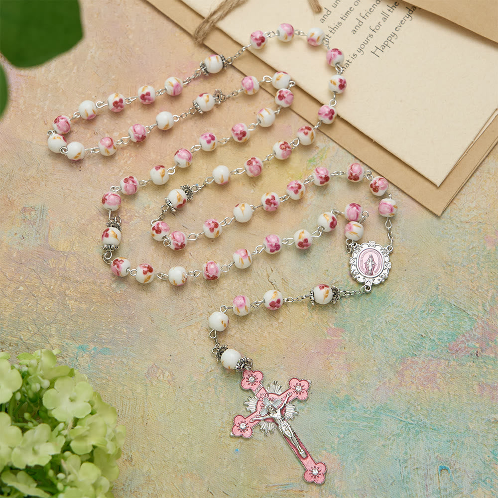 Floral Ceramic Bead Rosary with Enamel Our Lady Medal & Pink Crucifix