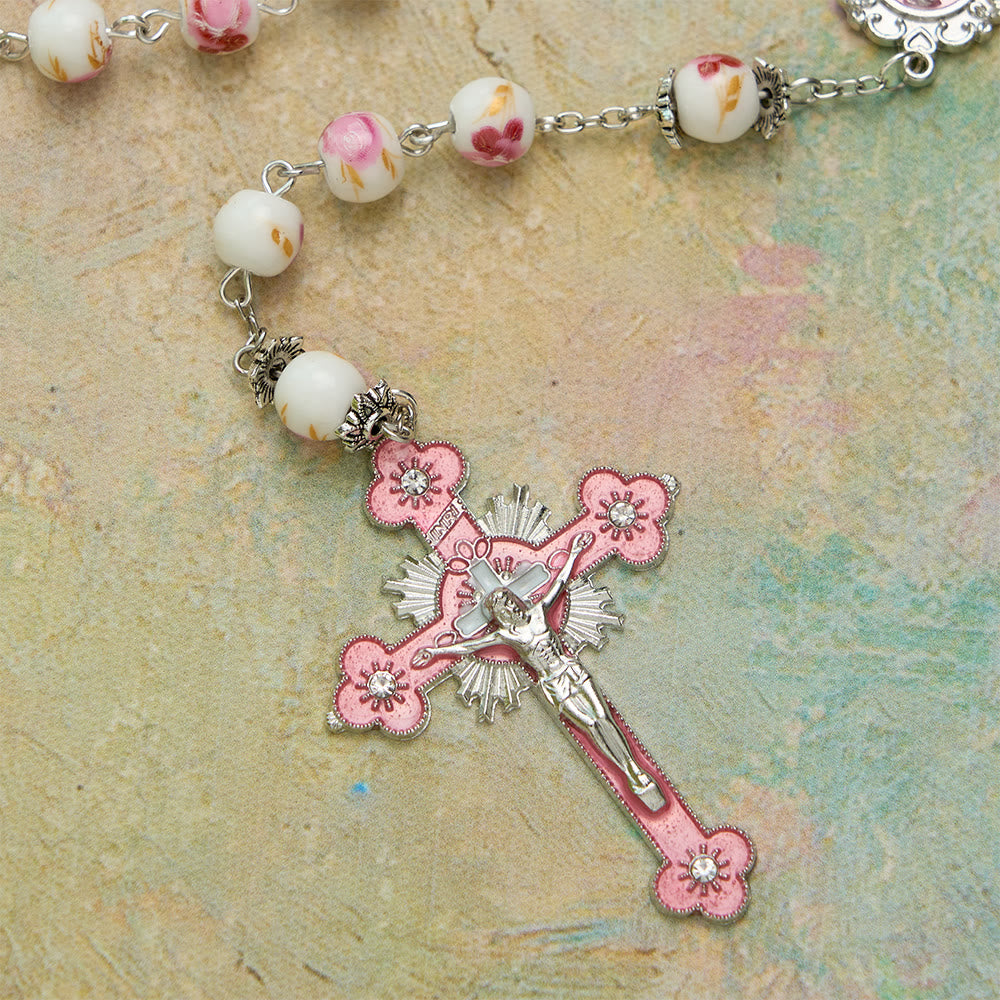 Floral Ceramic Bead Rosary with Enamel Our Lady Medal & Pink Crucifix