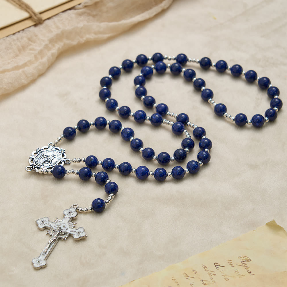 Lapis Lazuli Bead Rosary with Etched Crucifix: Emblem of Divine Wisdom & Marian Grace