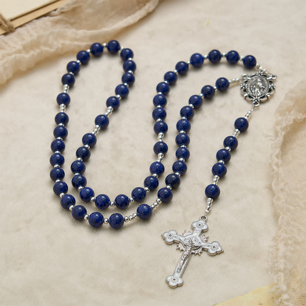 Lapis Lazuli Bead Rosary with Etched Crucifix: Emblem of Divine Wisdom & Marian Grace
