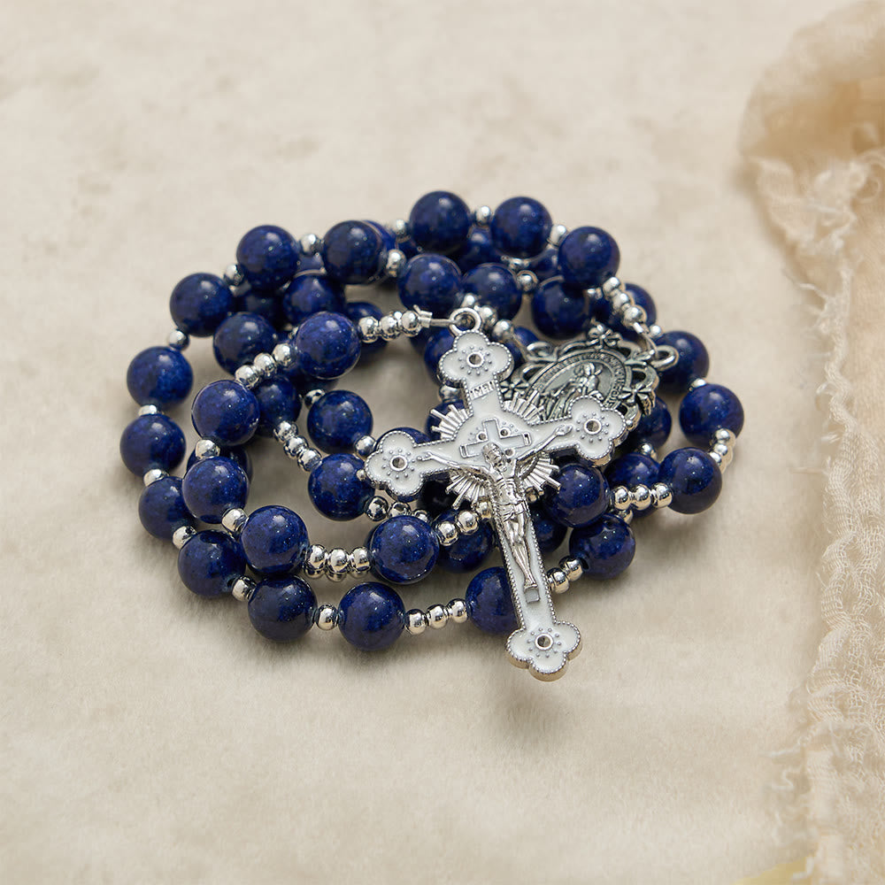 Lapis Lazuli Bead Rosary with Etched Crucifix: Emblem of Divine Wisdom & Marian Grace