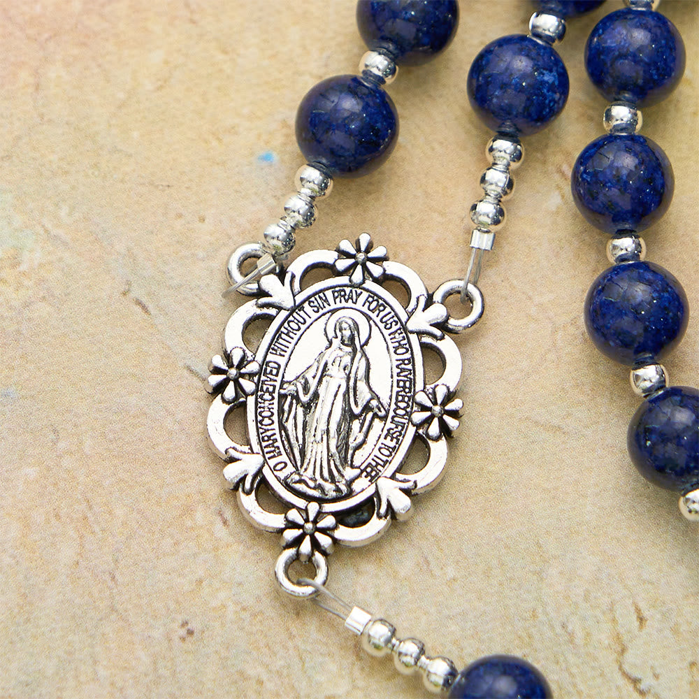 Lapis Lazuli Bead Rosary with Etched Crucifix: Emblem of Divine Wisdom & Marian Grace