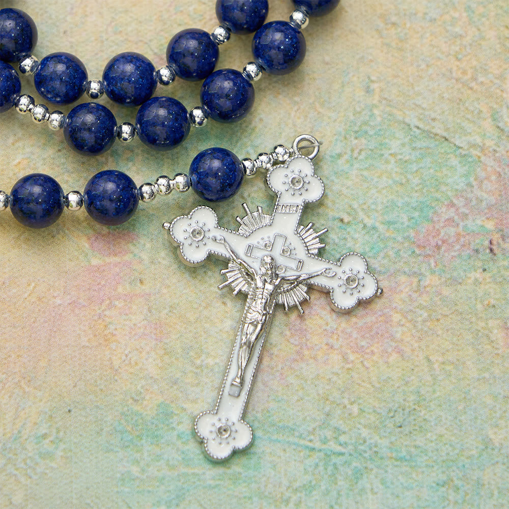 Lapis Lazuli Bead Rosary with Etched Crucifix: Emblem of Divine Wisdom & Marian Grace