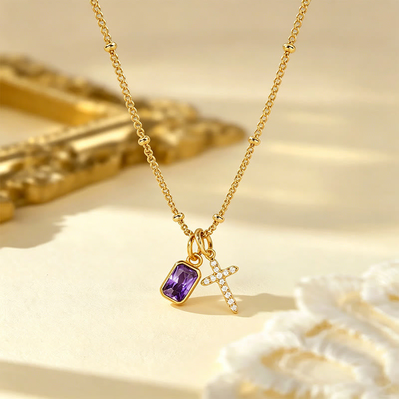 Sacred Cross & Rectangular Gem Birthstone Necklace: Symbol Of Divine Grace & Devotion