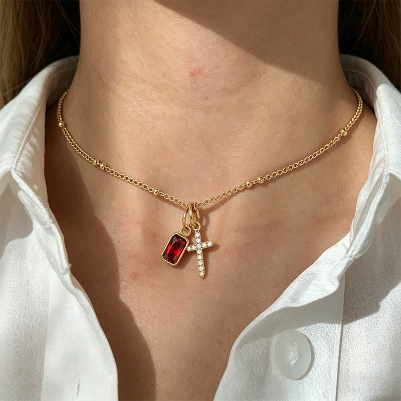 Sacred Cross & Rectangular Gem Birthstone Necklace: Symbol Of Divine Grace & Devotion