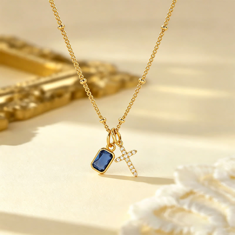 Sacred Cross & Rectangular Gem Birthstone Necklace: Symbol Of Divine Grace & Devotion
