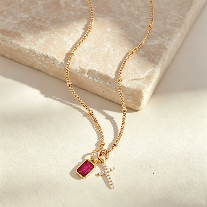 Sacred Cross & Rectangular Gem Birthstone Necklace: Symbol Of Divine Grace & Devotion
