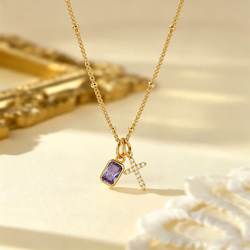 Sacred Cross & Rectangular Gem Birthstone Necklace: Symbol Of Divine Grace & Devotion