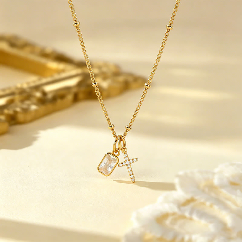 Sacred Cross & Rectangular Gem Birthstone Necklace: Symbol Of Divine Grace & Devotion