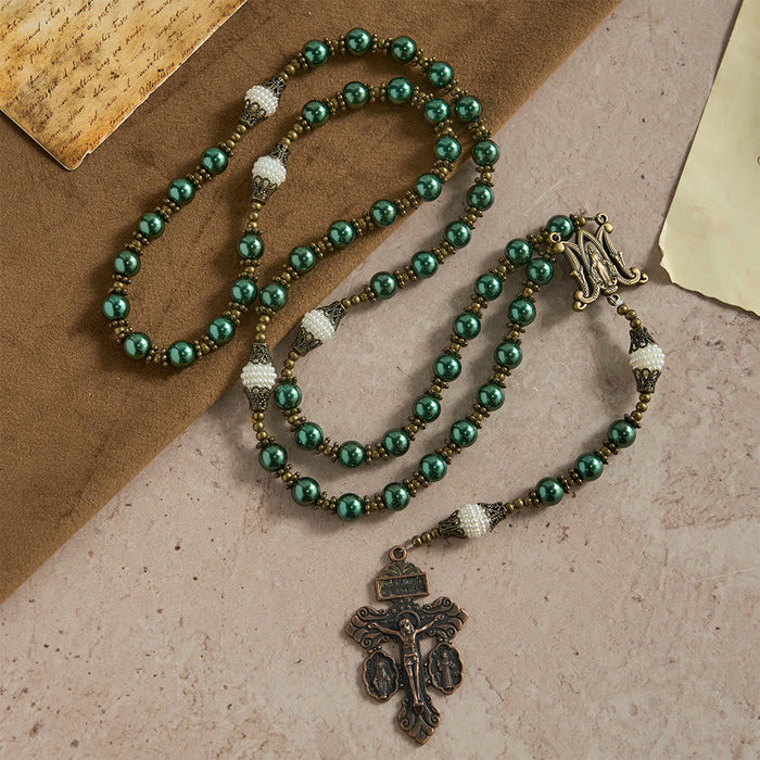 Vintage Metal Green-Tone Pearl Bead Rosary: Emblem of Divine Hope & Marian Grace