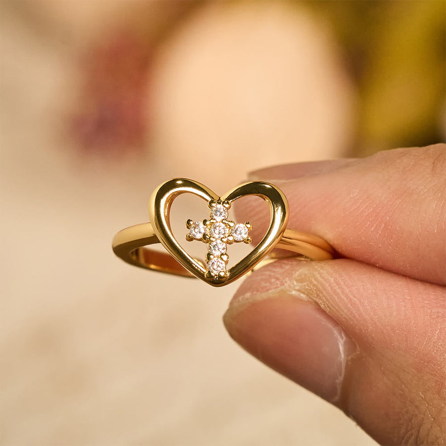 Elegant Heart Cross Open Ring: Emblem Of Devoted Faith & Heavenly Guidance