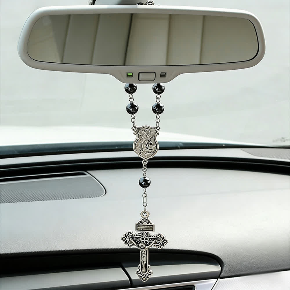 Hematite Bead Car Pendant with St. Michael Medal & Crucifix: A Gift of Heavenly Protection & Strength