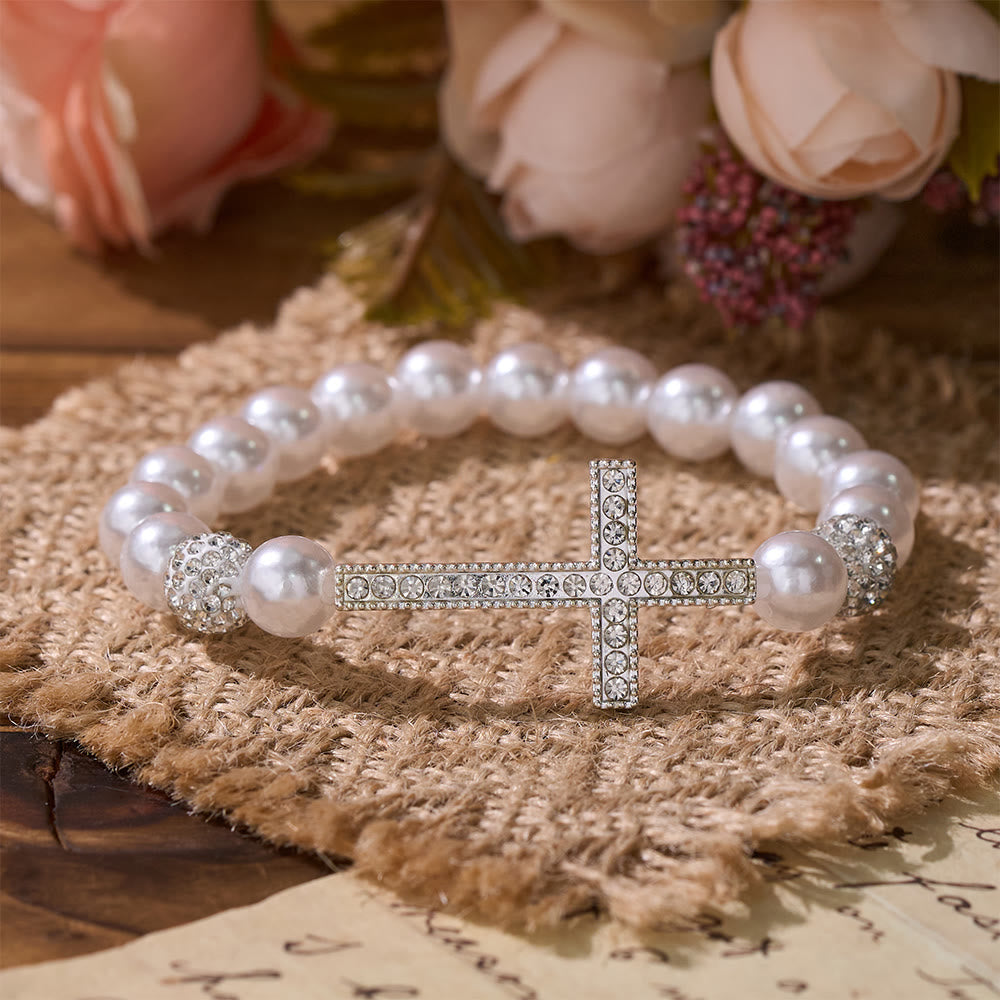 Two-Piece White Bead & Black Mate Bead Cross Bracelet Set: Emblem of Divine Purity & Redemption