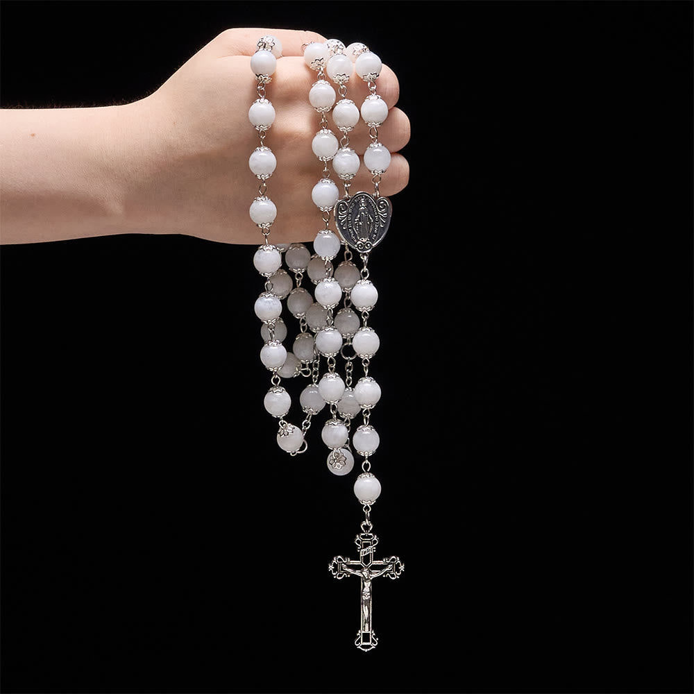 Marian Grace Moonstone Rosary: Silver-Toned Crucifix for Sacred Devotion