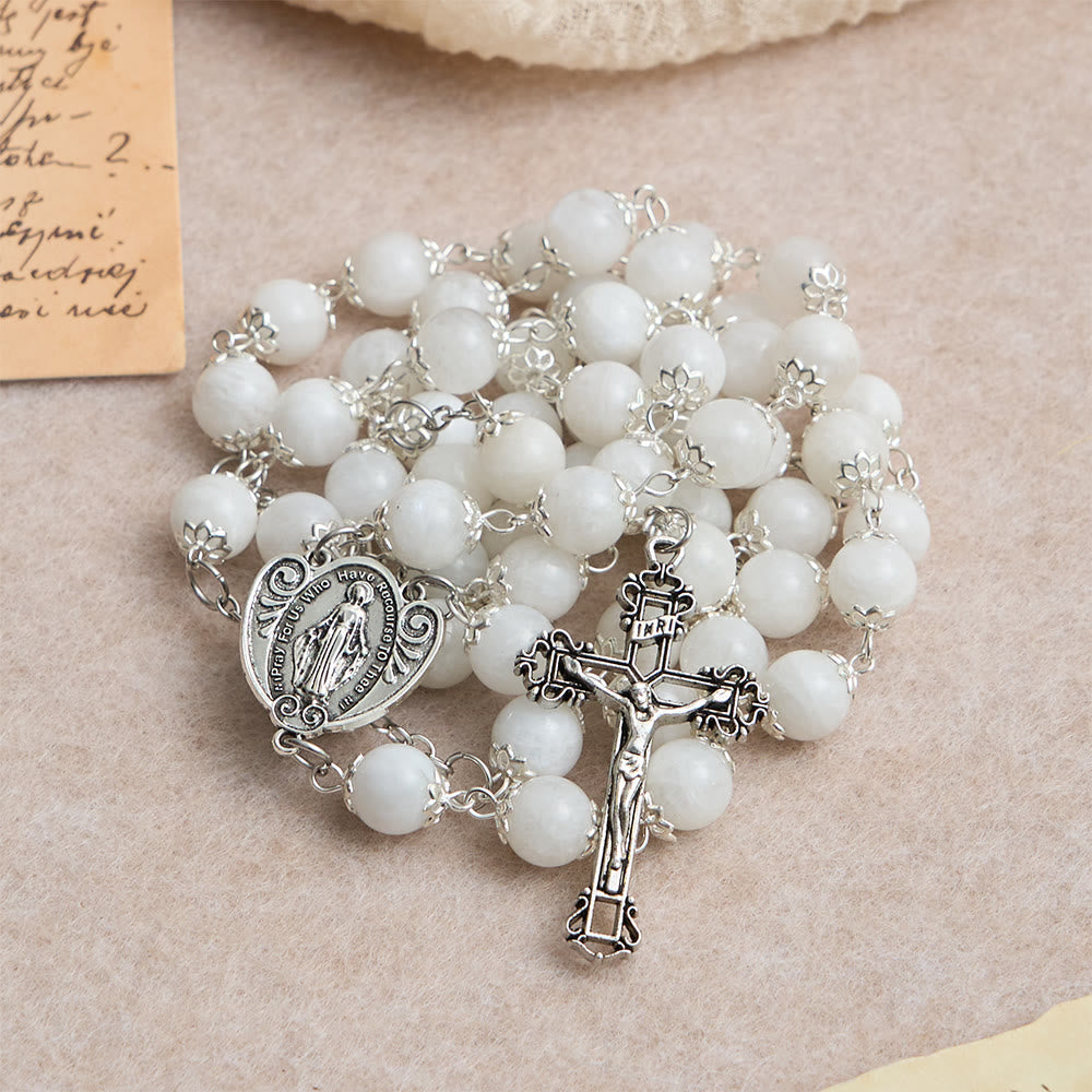 Marian Grace Moonstone Rosary: Silver-Toned Crucifix for Sacred Devotion