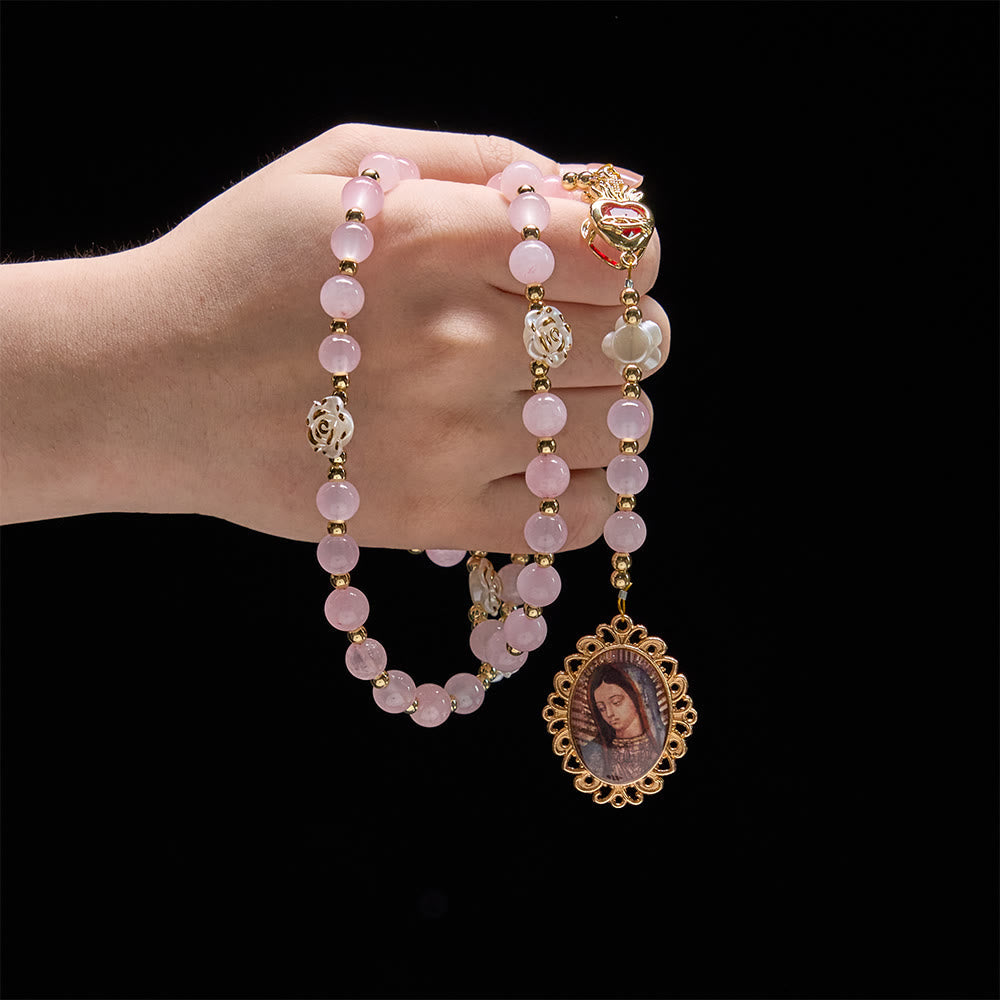 Rose Quartz Seven Sorrow Rosary with Sacred Heart: Emblem of Marian Compassion
