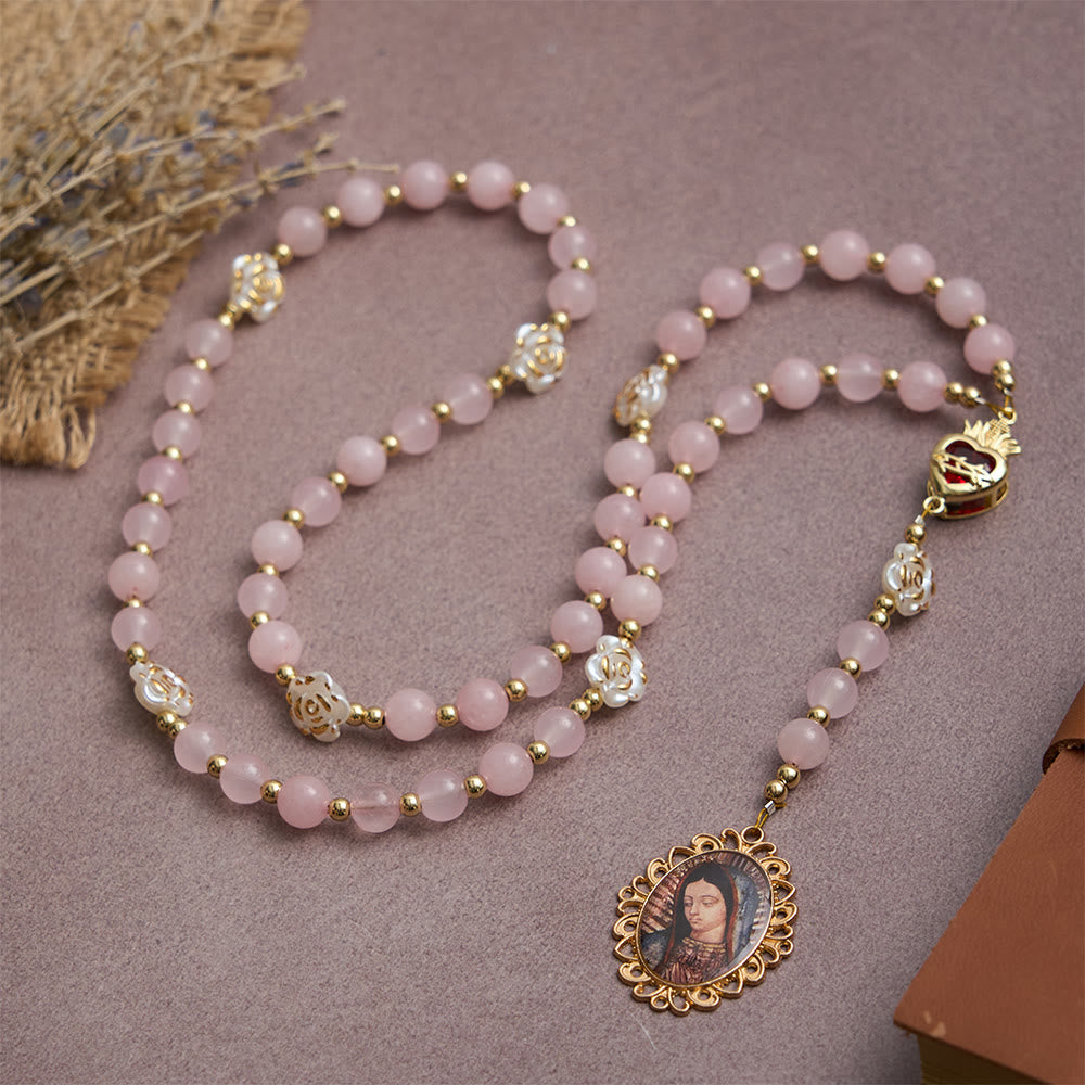 Rose Quartz Seven Sorrow Rosary with Sacred Heart: Emblem of Marian Compassion