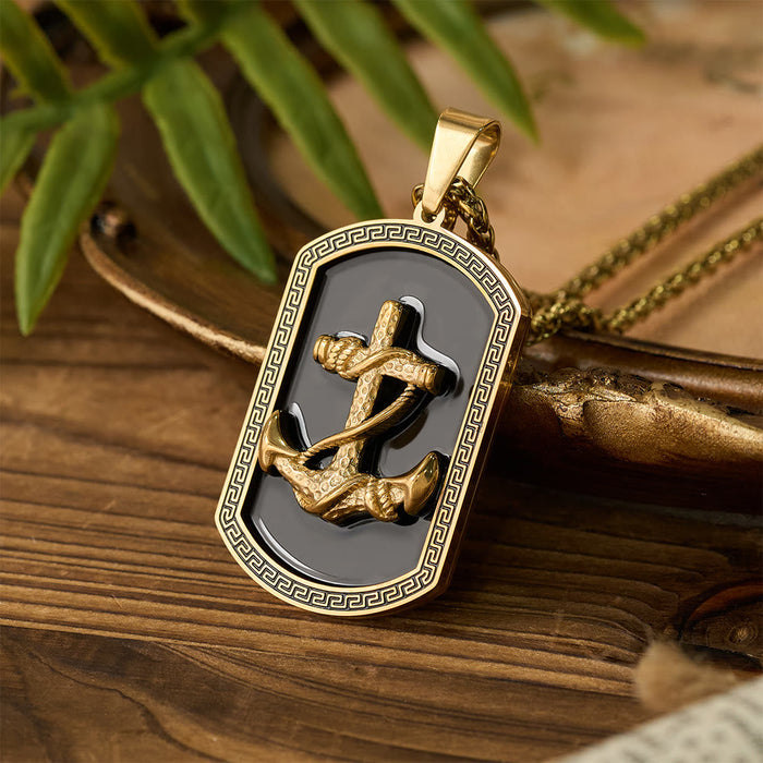 Anchor Cross Greek Key Dog Tag Pendant Necklace: Emblem of Faith & Steadfast Hope