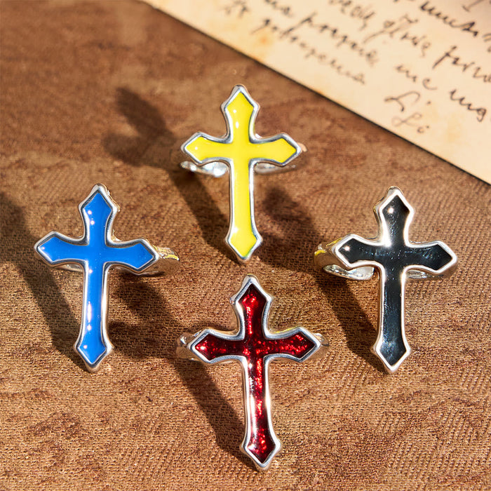 Four-Color Enamel Cross Open Ring: Emblem of Faith’s Light