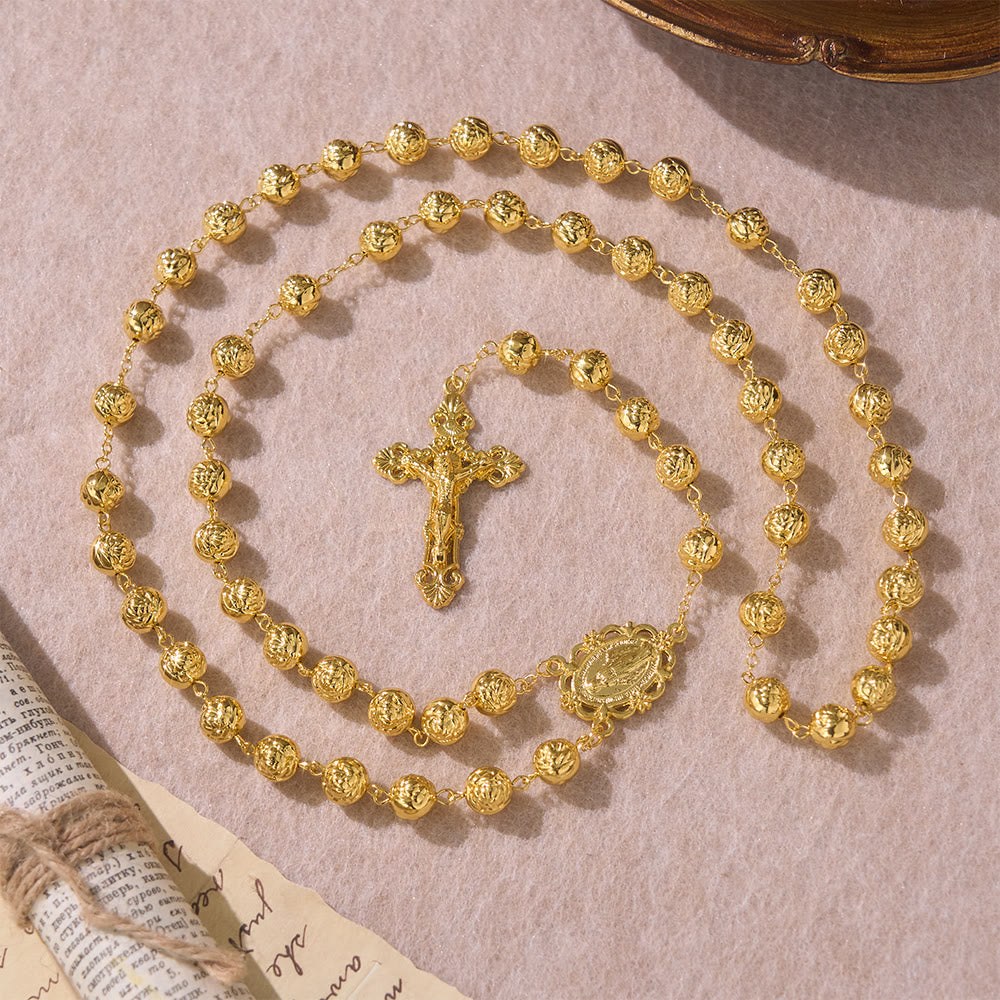 Engraved Rose Bead Our Lady Rosary with Crucifix: Symbol of Devout Prayer