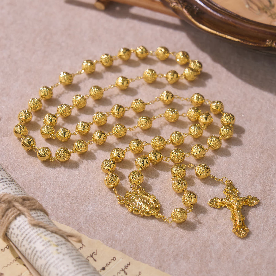 Engraved Rose Bead Our Lady Rosary with Crucifix: Symbol of Devout Prayer