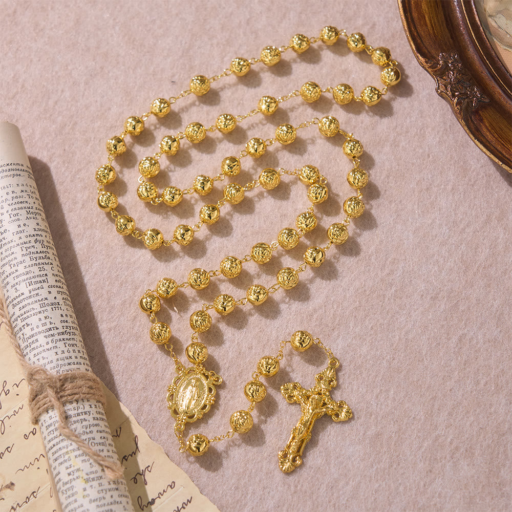 Engraved Rose Bead Our Lady Rosary with Crucifix: Symbol of Devout Prayer