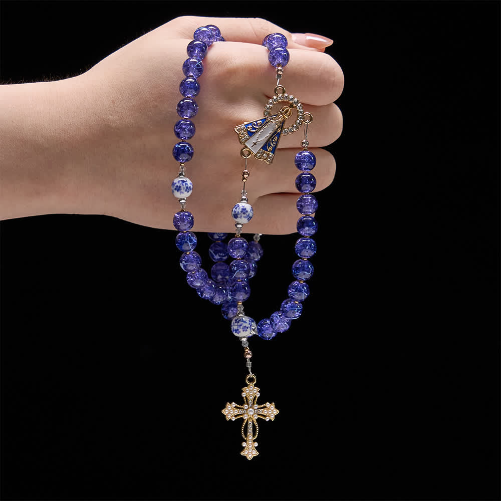 Deep Blue Cracked Glass & Porcelain Beads Rosary with Our Lady of Aparecida Centerpiece
