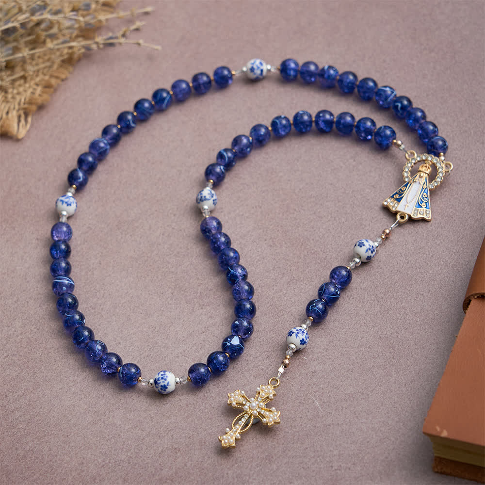 Deep Blue Cracked Glass & Porcelain Beads Rosary with Our Lady of Aparecida Centerpiece