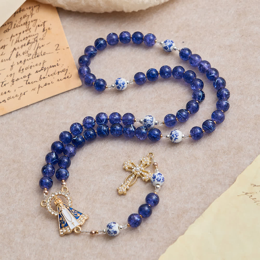 Deep Blue Cracked Glass & Porcelain Beads Rosary with Our Lady of Aparecida Centerpiece
