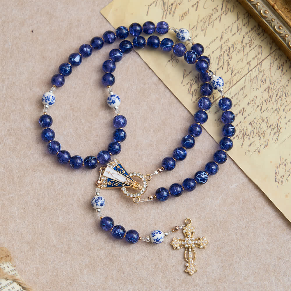 Deep Blue Cracked Glass & Porcelain Beads Rosary with Our Lady of Aparecida Centerpiece