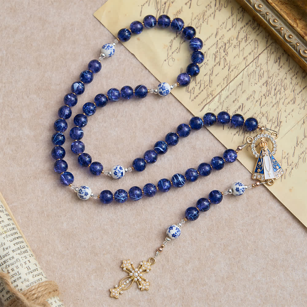 Deep Blue Cracked Glass & Porcelain Beads Rosary with Our Lady of Aparecida Centerpiece