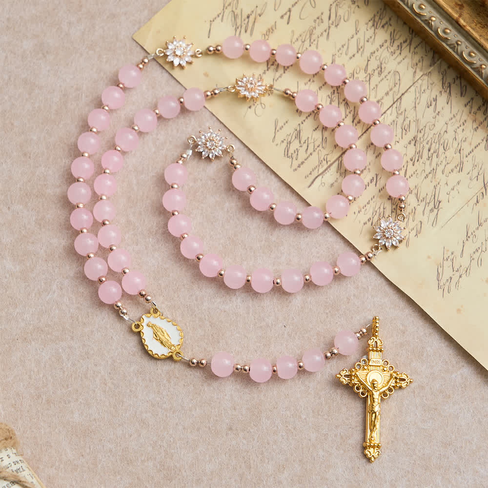 Light Pink Glass Rosary with Sunflower Our Father Beads & Our Lady Center