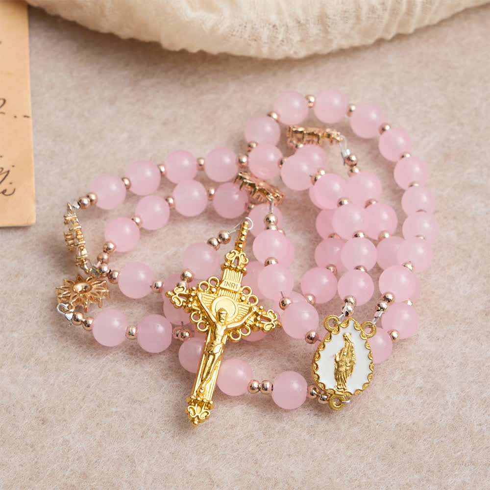 Light Pink Glass Rosary with Sunflower Our Father Beads & Our Lady Center