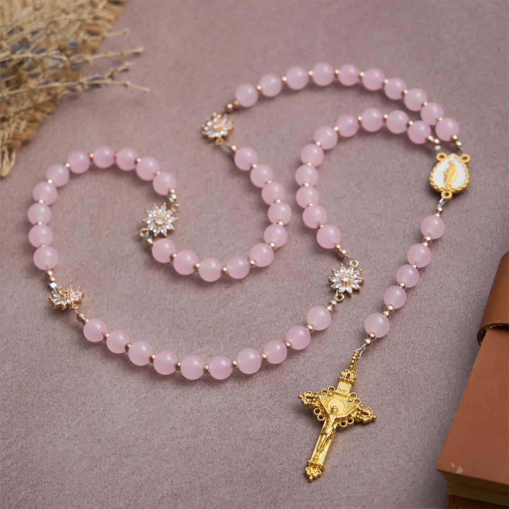 Light Pink Glass Rosary with Sunflower Our Father Beads & Our Lady Center