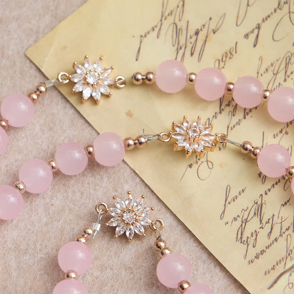 Light Pink Glass Rosary with Sunflower Our Father Beads & Our Lady Center