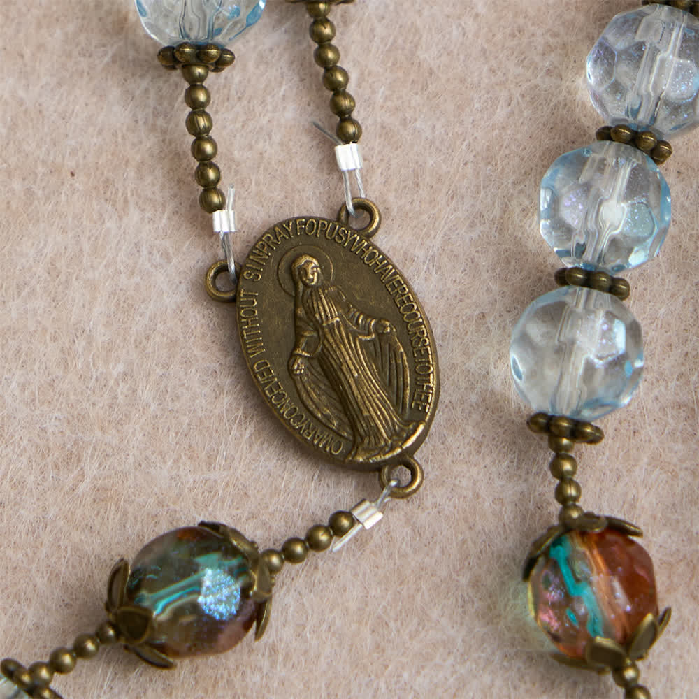 Antique Bronze Our Lady Heirloom Rosary with Iridescent Blue Glass