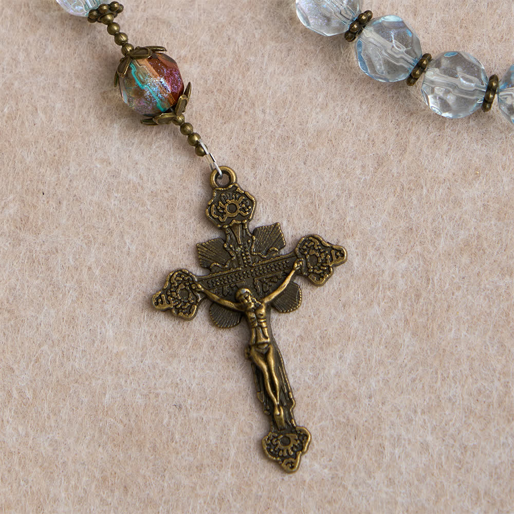 Antique Bronze Our Lady Heirloom Rosary with Iridescent Blue Glass