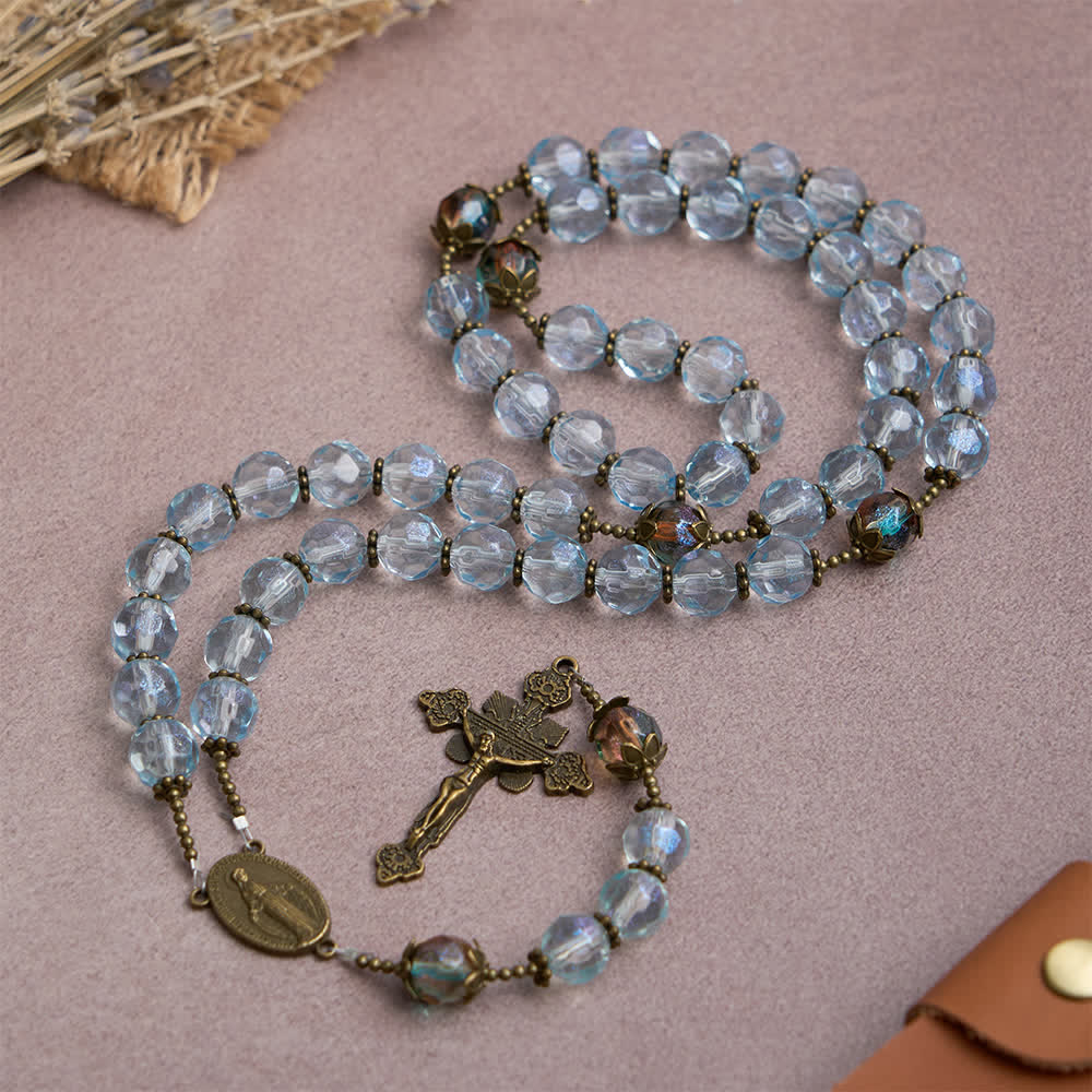 Antique Bronze Our Lady Heirloom Rosary with Iridescent Blue Glass