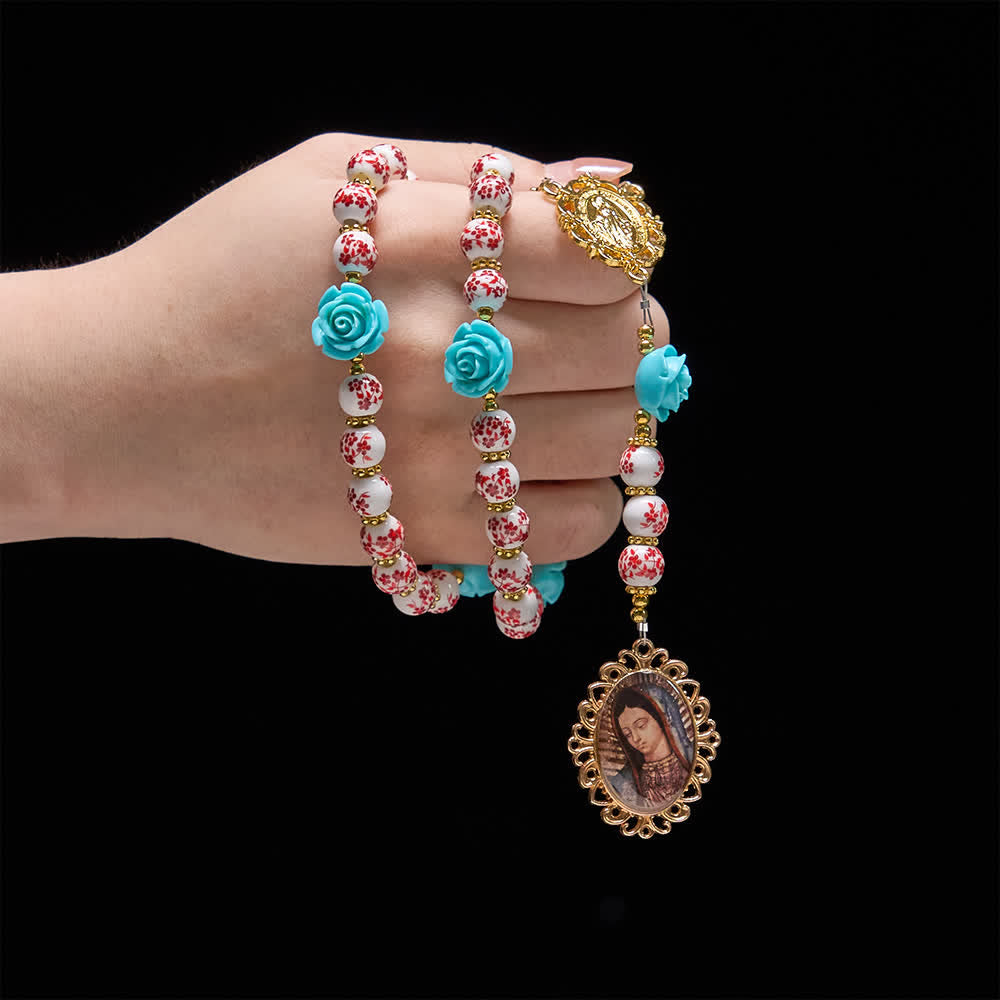 Red & White Ceramic Beads with Turquoise Rose Seven Sorrow Rosary with Our Lady Medal
