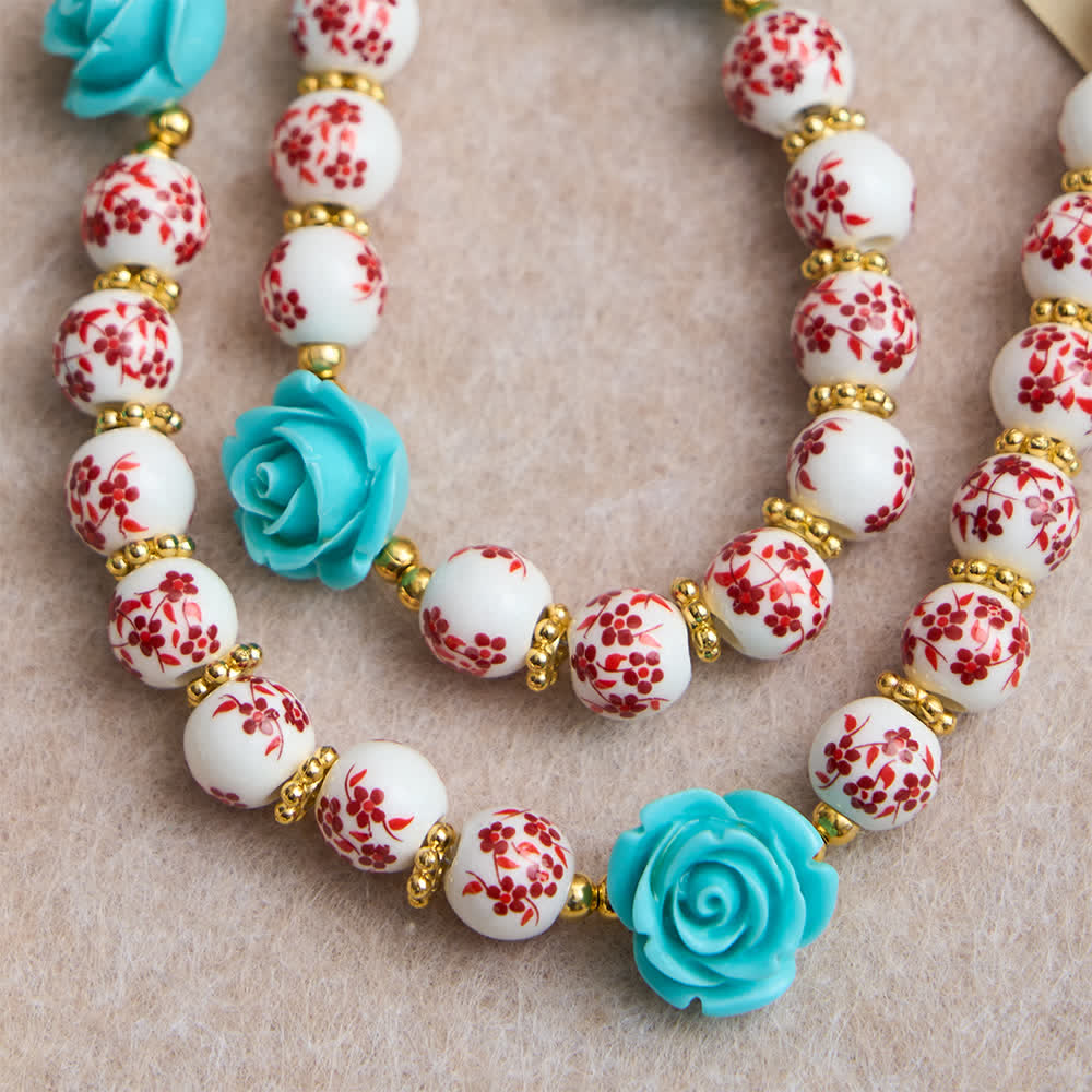 Red & White Ceramic Beads with Turquoise Rose Seven Sorrow Rosary with Our Lady Medal