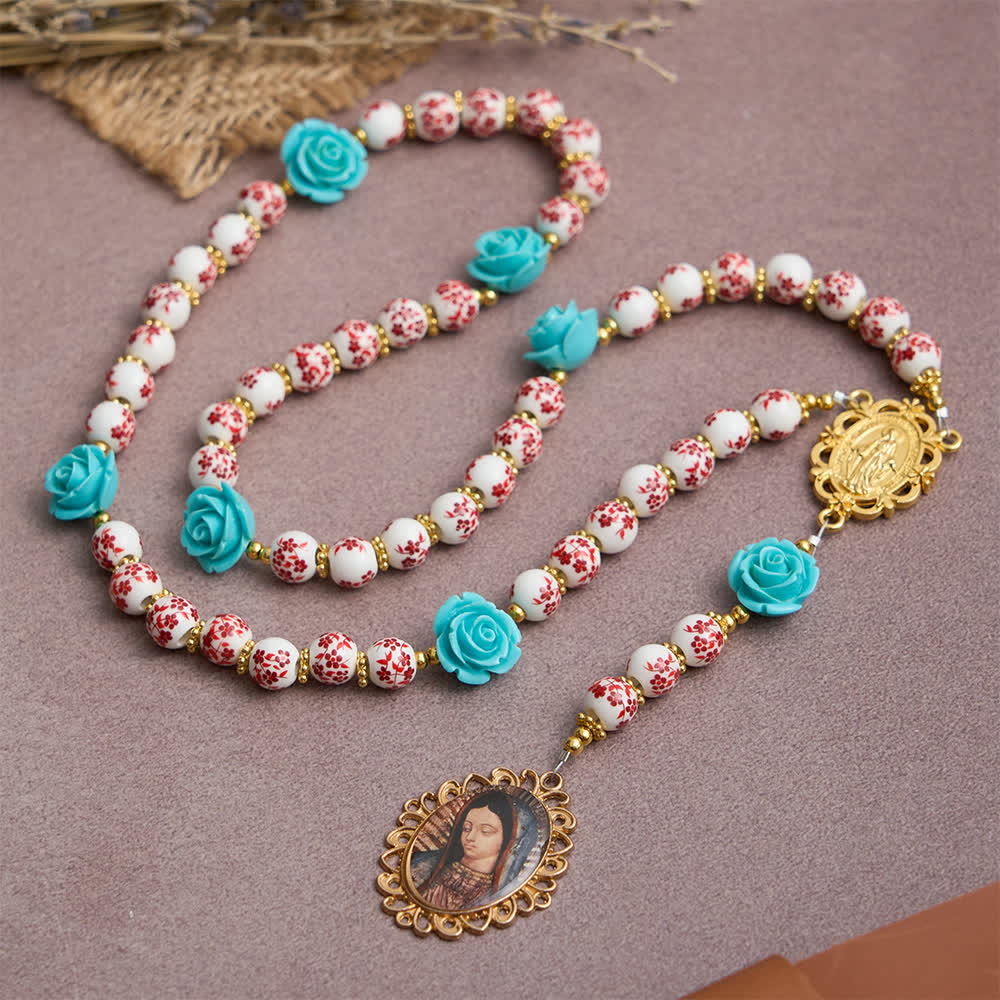Red & White Ceramic Beads with Turquoise Rose Seven Sorrow Rosary with Our Lady Medal