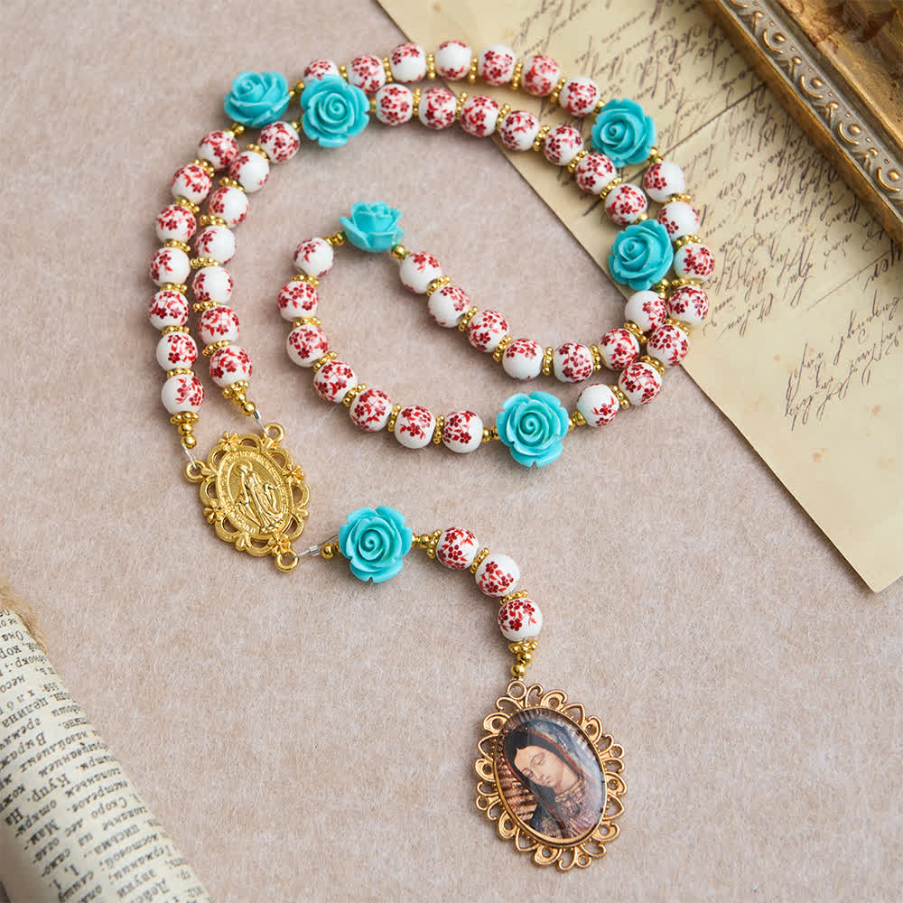 Red & White Ceramic Beads with Turquoise Rose Seven Sorrow Rosary with Our Lady Medal