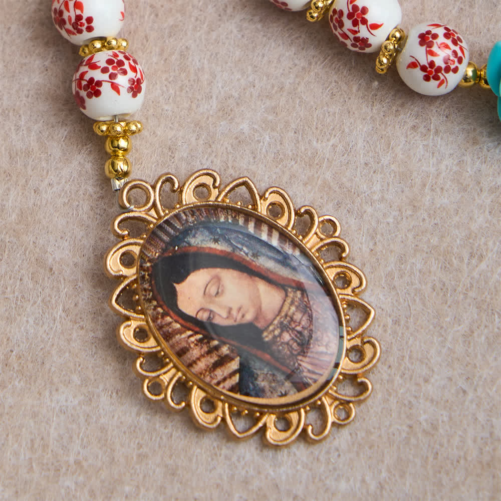 Red & White Ceramic Beads with Turquoise Rose Seven Sorrow Rosary with Our Lady Medal