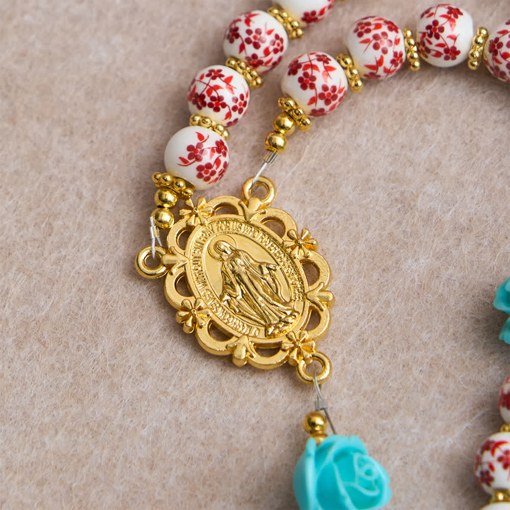 Red & White Ceramic Beads with Turquoise Rose Seven Sorrow Rosary with Our Lady Medal