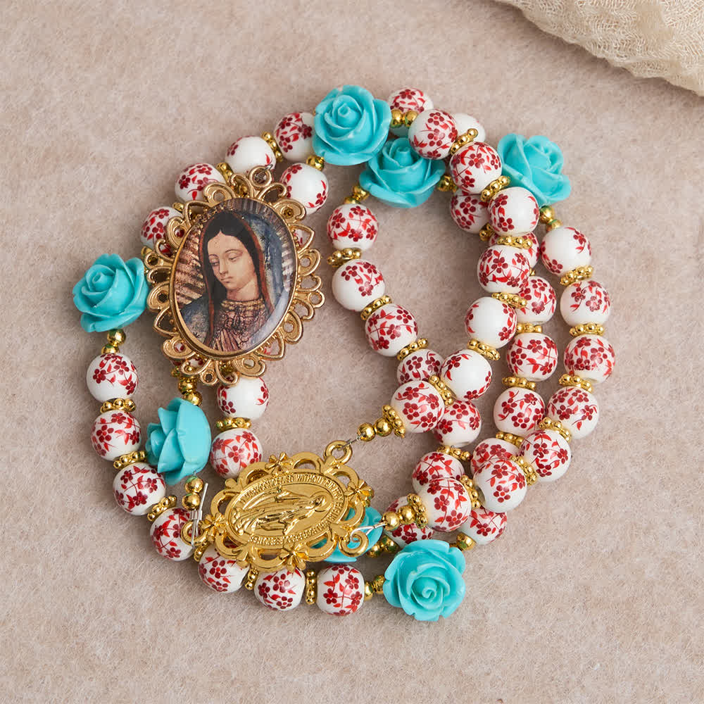 Red & White Ceramic Beads with Turquoise Rose Seven Sorrow Rosary with Our Lady Medal