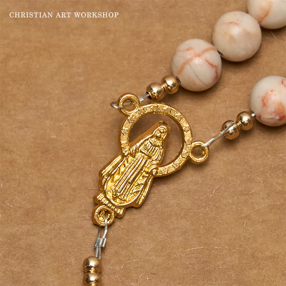 Matte Pink Zebra Jasper and Pearl Rosary with Miraculous Medal and Crucifix