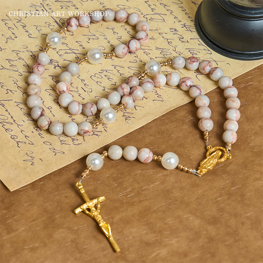 Matte Pink Zebra Jasper and Pearl Rosary with Miraculous Medal and Crucifix
