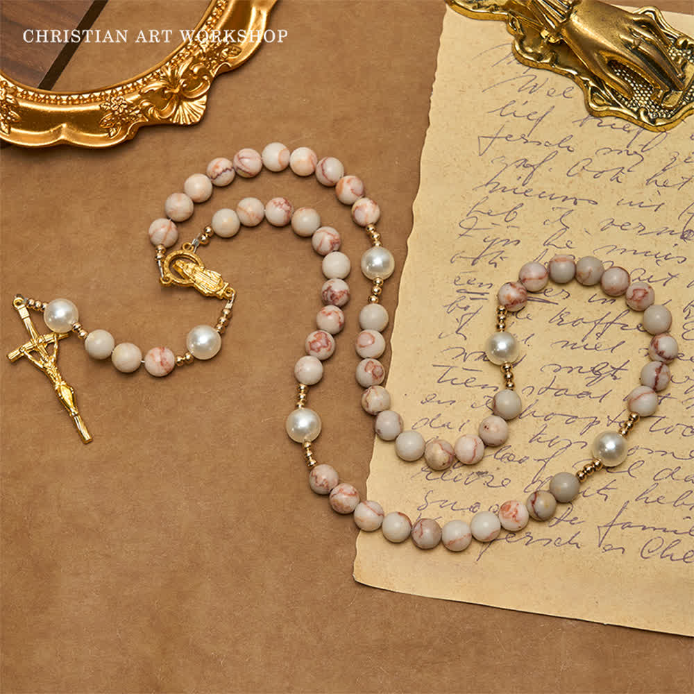 Matte Pink Zebra Jasper and Pearl Rosary with Miraculous Medal and Crucifix